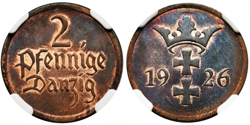 Free City of Danzig, 2 pfennig 1926 - NGC MS65 RB
Znakomita sztuka. Intensywny ...