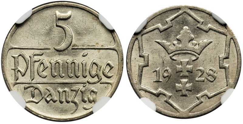 Free City of Danzig, 5 pfennig 1928 - NGC MS64
Rzadki rocznik w menniczym stani...