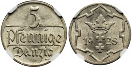 Free City of Danzig, 5 pfennig 1928 - NGC MS64
Rzadki rocznik w menniczym stanie zachowania.&nbsp;
Wysoka nota od NGC dla tego rocznika.
Reference:...