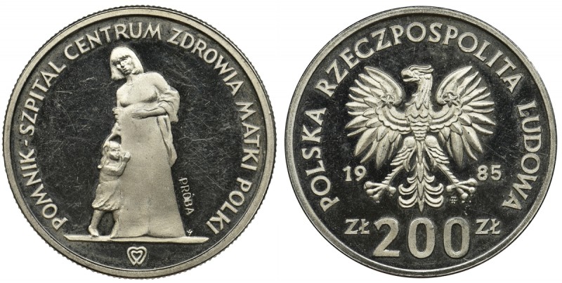 Próba NIKIEL, 200 złotych 1985 - Pomnik-Szpital Centrum Zdrowia Matki Polki
Rys...