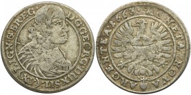Silesia, Georg III, 15 Kreuzer Brieg 1663
Na rewersie pod orłem, serce z krzyżykiem, znak mincerski Chrystiana Pfahlera, występujący na monetach bity...