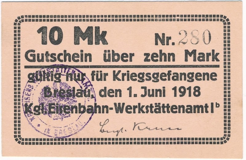 Obóz, Breslau (Wrocław) Eisenbahn, 10 marek 1916
&nbsp;
Grade: UNC
