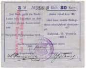 Białystok, 3 Marki = 1 Rubel 80 Kopiejek 1915r. - rzadkie
Rzadki nominał.Reference: Podczaski R-028A.4c
Grade: VF