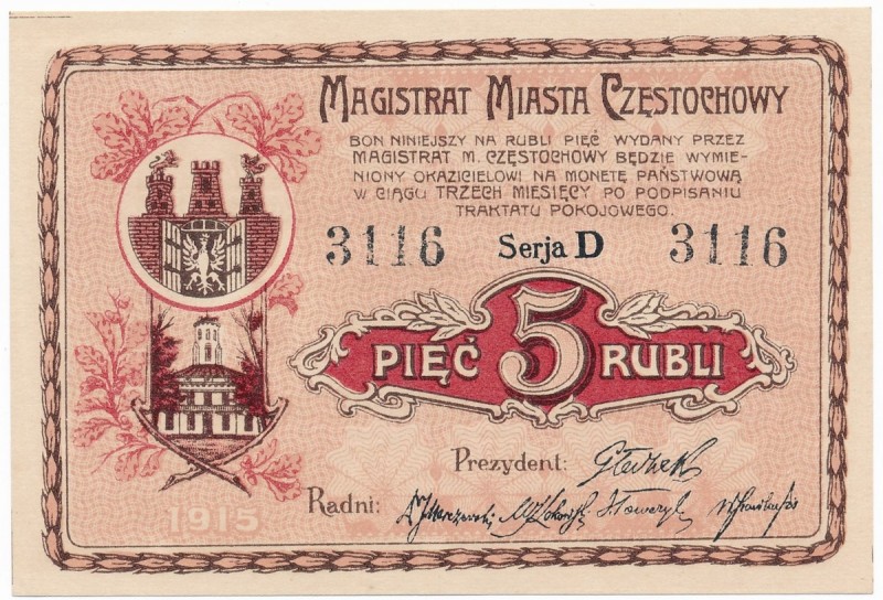 Częstochowa, 5 rubli 1915
Great condition.&nbsp;&nbsp;
Reference: Podczaski R-...
