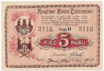 Częstochowa, 5 rubli 1915
Great condition.&nbsp;&nbsp;
Reference: Podczaski R-051.A.1c
Grade: UNC/AU