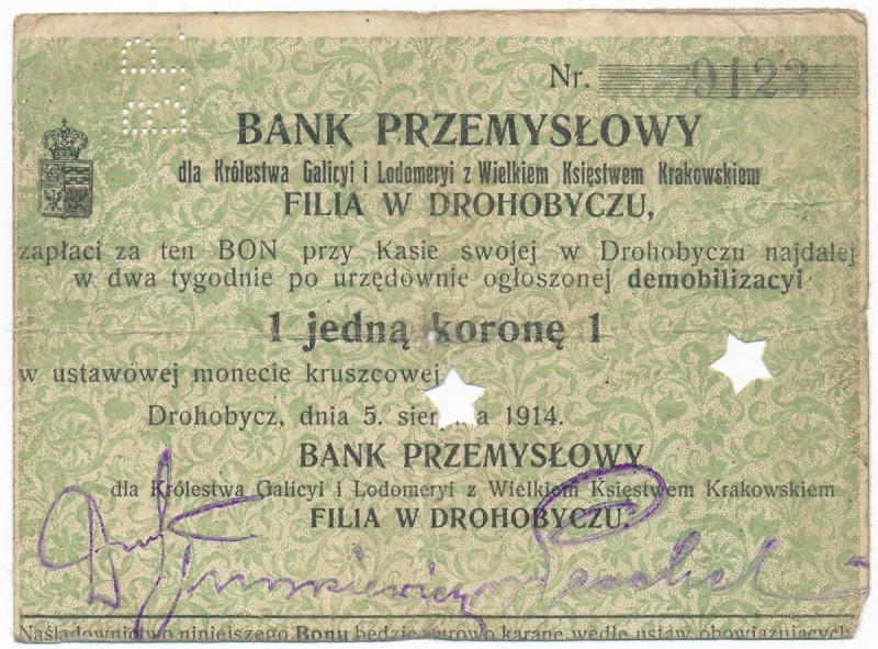 Drohobycz, 1 korona 1914
&nbsp;Reference: Podczaski G.082.1
Grade: F