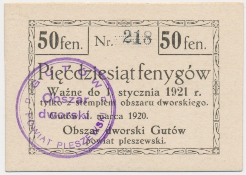 Gutów, 50 fenigów 1921Reference: Podczaski P-044.1.a
Grade: UNC