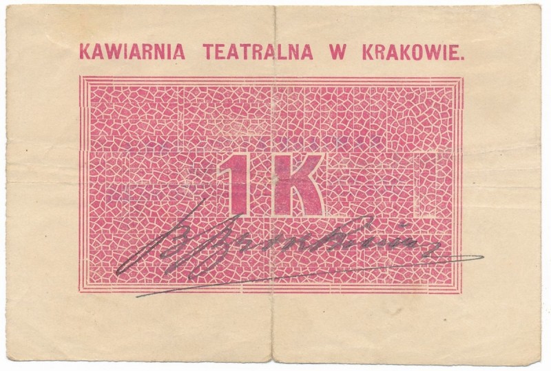 Kraków, Kawiarnia teatralna, 1 korona (1919)
Rzadki bon.Reference: Podczaski G-...