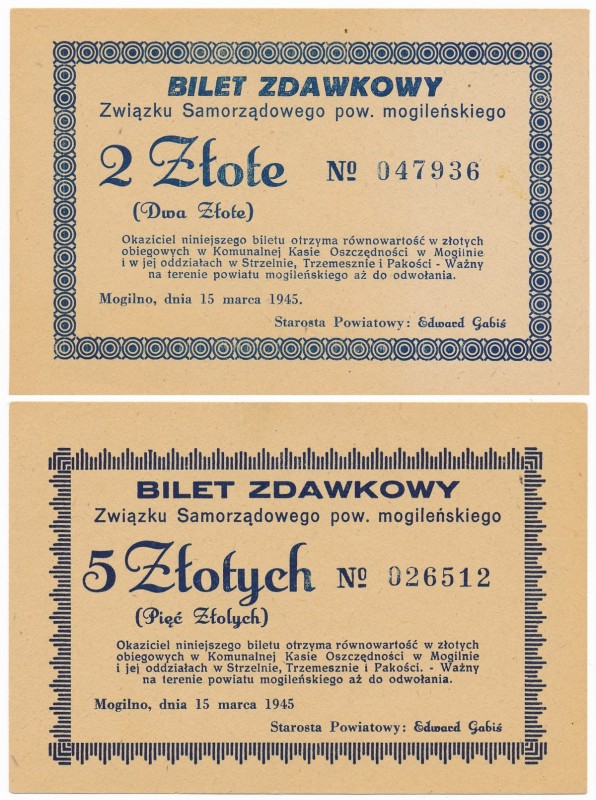 Mogilno, Bilet zdawkowy na 2 i 5 złotych 1945 (2szt.)
Blankiety.&nbsp;
Stany e...