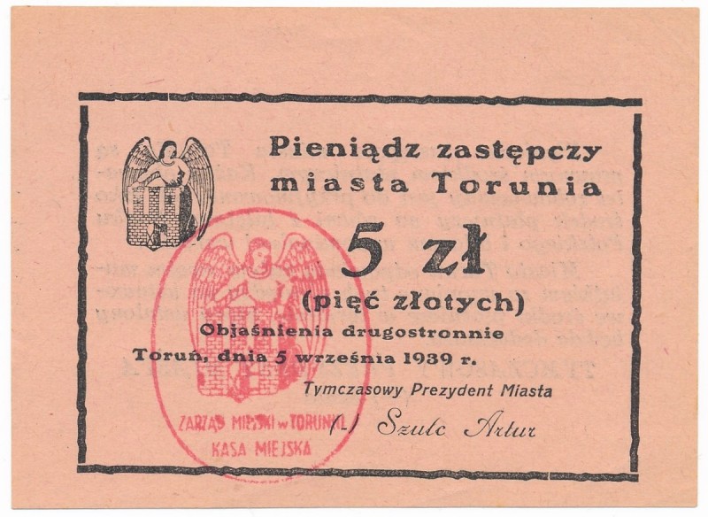 Toruń, 5 złotych 1939
Rzadki bon.
Lekkie nadgięcia na rogach, ale bez ugięć pr...