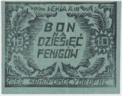 Oflag II C Woldenberg, Bon na 10 fenigów (1944) - Seria AIIIBez sygnatury EP.
Reference: Podczaski DO-104.1.c, Lucow 912 (R1)
Grade: XF+/XF