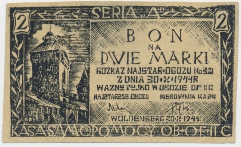 Oflag II C Woldenberg, 2 marki 1944 - Seria AReference: Podczaski DO-104.3.a
Gr...