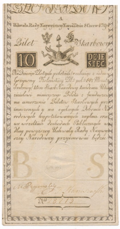 10 złotych 1794 - A -
Pierwsza seria A. Papier bez znaków wodnych.
Bardzo ładn...