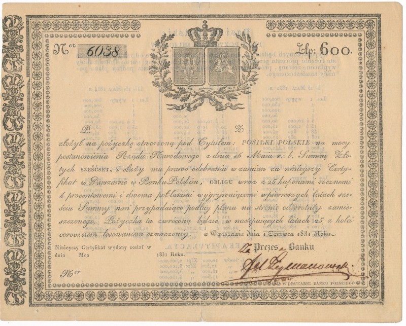 Certyfikat - Posiłki Polskie pożyczka na 600 złotych 1831
Pamiątka z okresu Pow...
