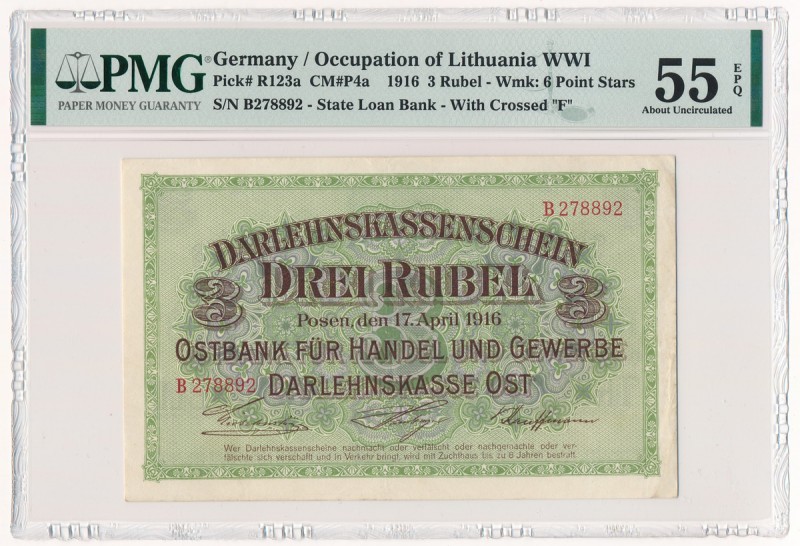 Poznań 3 ruble 1916 - C - PMG 55 EPQ - długa klauzula - rzadka
Rzadka, praktycz...