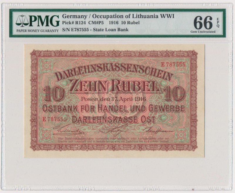 Poznań 10 rubli 1916 - E - PMG 66 EPQ - PIĘKNE
Typologicznie banknot rzadki w s...