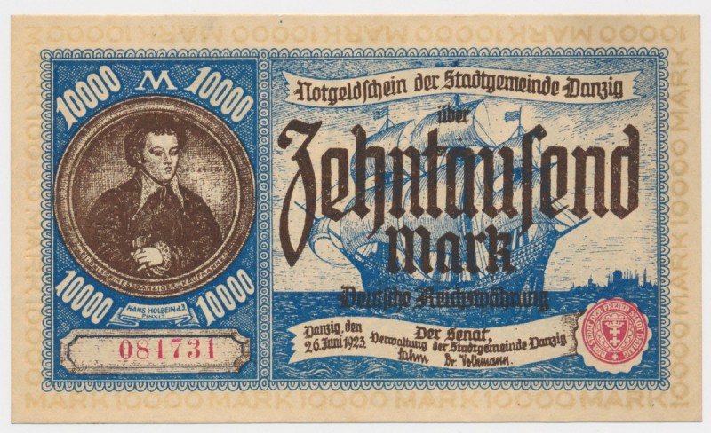 Gdańsk 10.000 marek 1923
Ładnie zachowany banknot o emisyjnej prezencji.&nbsp;...