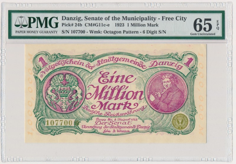 Gdańsk 1 milion marek 08 Sierpnia 1923 - num. 6 cyfrowa z ❊ - PMG 65 EPQ
Odmian...