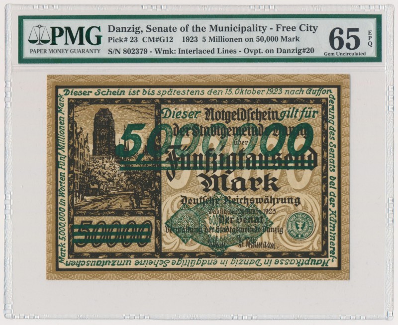 Gdańsk 5 milionów marek 1923 - PMG 65 EPQ
Rzadki nominał w stanach emisyjnych. ...