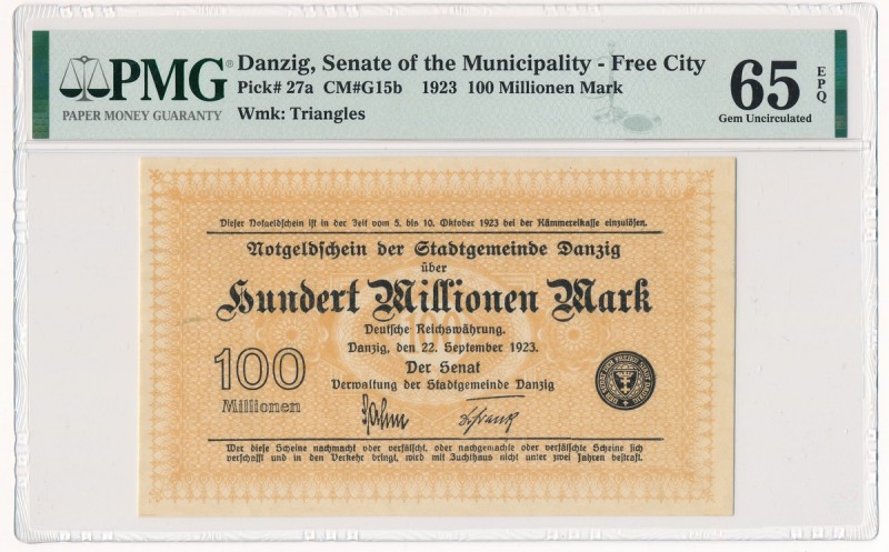 Gdańsk 100 milionów 1923 - PMG 65 EPQ - PIĘKNY
Rzadki, wysoki nominał emisji ma...