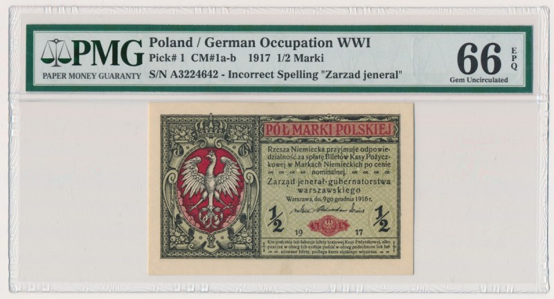 1/2 marki 1916 Jenerał - A - PMG 66 EPQ - numerator czerwony
Numerator koloru i...