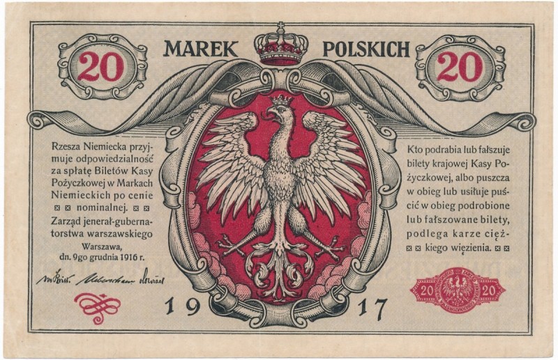 20 marek 1916 Jenerał - rzadki
Dużej rzadkości banknot z błędną klauzulą 'jener...