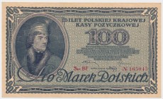 100 marek 1919 - BF - PIĘKNY
Typologicznie jeden z najtrudniejszych polskich banknotów denominowanych w markach. Odmiana z drukiem na papierze ze zna...