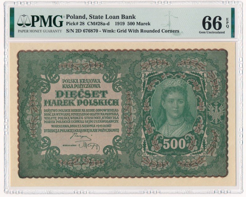 500 marek 1919 - II Serja D - PMG 66 EPQ
Rzadsza jednoliterowa odmiana.&nbsp;
...