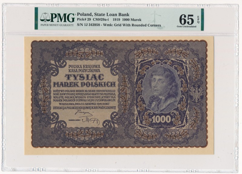 1.000 marek 1919 - I Serja J - PMG 65 EPQ
Rzadziej notowana odmiana.&nbsp;
Emi...