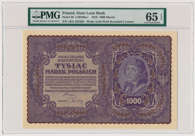 1.000 marek 1919 - I Serja BA - PMG 65 EPQ
Emisyjny stan zachowania.
Wysoka oc...