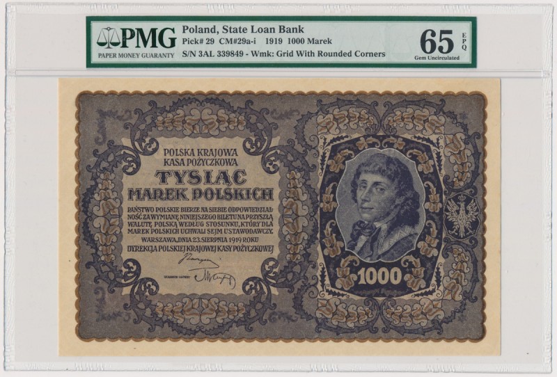 1.000 marek 1919 - III Serja AL - PMG 65 EPQ - szeroka numeracja
Wariant z szer...