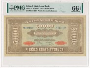 50.000 marek 1922 - M - PMG 66 EPQ
Brilliant uncirculated piece with highest grade assigned by PMG. Exceptional Paper Quality.&nbsp;
Wyśmienity, świ...