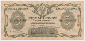 5 milionów marek 1923 - A -
Rzadszy, wysoki nominał inflacyjny.
Ładnie zachowany banknot. Naturalny z emisyjnym blaskiem druku. Na minus jedynie nie...