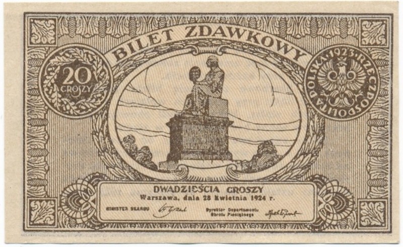 20 groszy 1924
Zafalowania papieru na bocznych marginesach oraz zagniecenie na ...