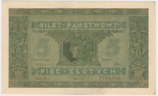 5 złotych 1926 - B - emisyjna świeżość
Typologicznie rzadki i poszukiwany banknot. W stanach pięknych bardzo rzadki.
Trzykrotnie złamany w pionie z ...
