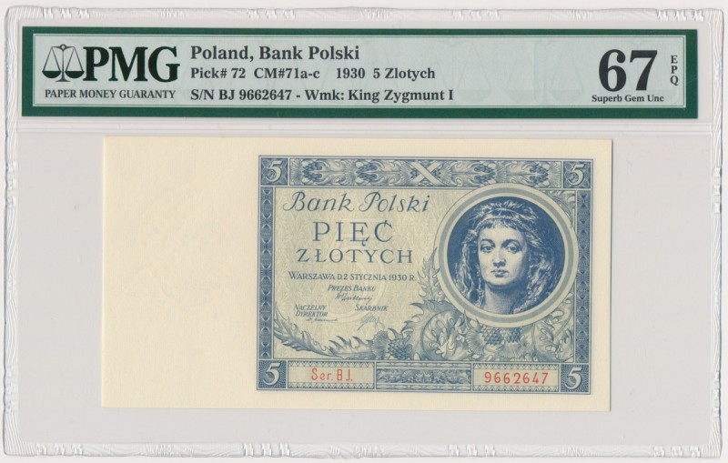 5 złotych 1930 Ser.BJ. - PMG 67 EPQ
Odmiana dwuliterowa, bez kropki między lite...