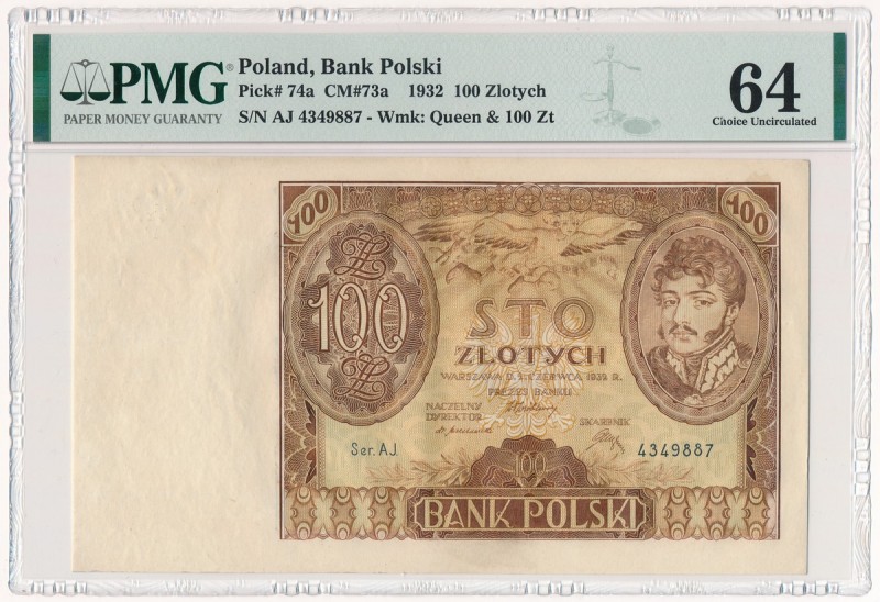 100 złotych 1932 Ser.AJ. - PMG 64
Rzadziej notowany rocznik.

Drobne nieśwież...