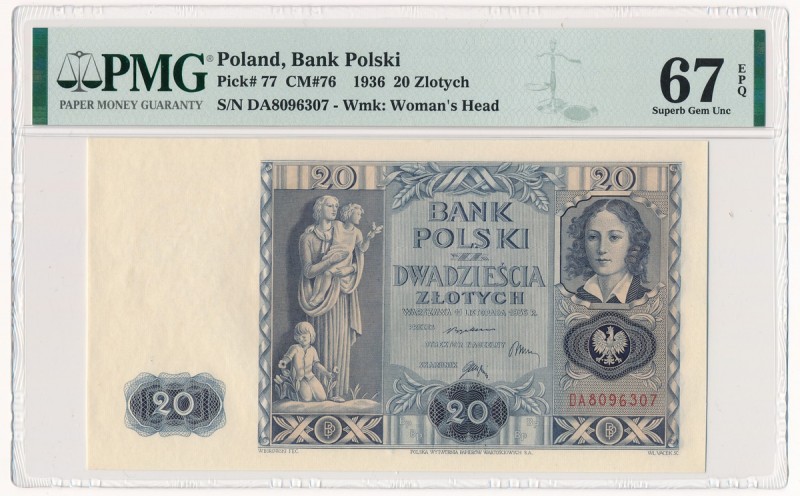 20 złotych 1936 - DA - PMG 67 EPQ
Druk na białym papierze.&nbsp;
Wyśmienita sz...