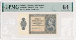 1 złoty 1938 - IK - PMG 64
Ładny, centrycznie wydrukowany egzemplarz.&nbsp;
Nie dostrzegamy czynników uzasadniających brak EPQ.&nbsp;Reference: Miłc...