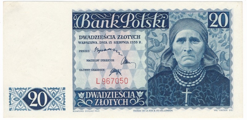 Londyn, 20 złotych 1939 - L -
Dwie drobne nagniotki w polu banknotu. Zagięcie n...