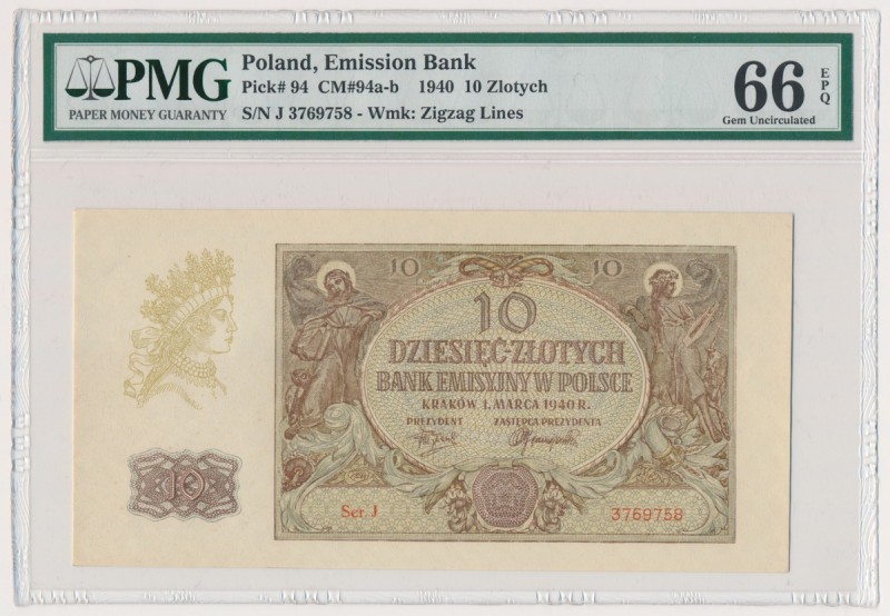 10 złotych 1940 - J - PMG 66 EPQ
Wyśmienicie zachowane.Reference: Miłczak 94a
...