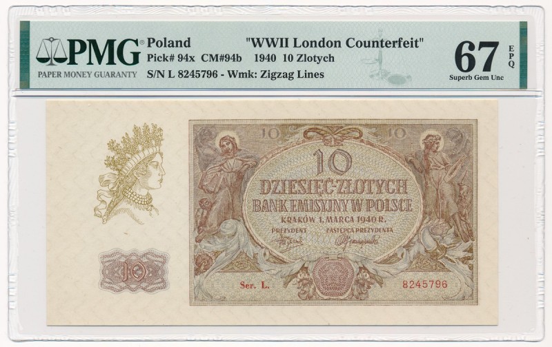 10 złotych 1940 - L. - London Counterfeit - PMG 67 EPQ
Banknot z oznaczeniem od...