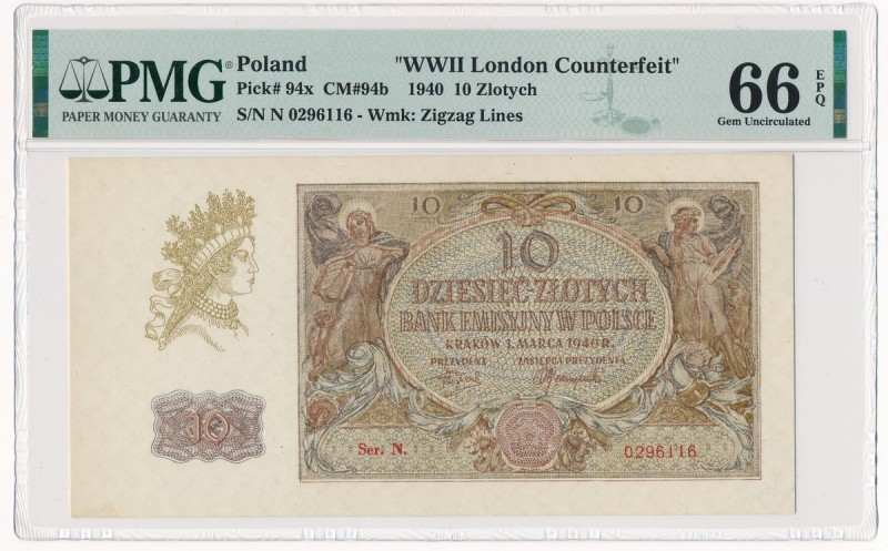 10 złotych 1940 - N. - London Counterfeit - PMG 66 EPQ
Banknot z oznaczeniem od...