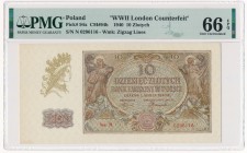 10 złotych 1940 - N. - London Counterfeit - PMG 66 EPQ
Banknot z oznaczeniem od PMG 'London Counterfeit'.&nbsp;
Emisyjny stan zachowania.Reference: ...