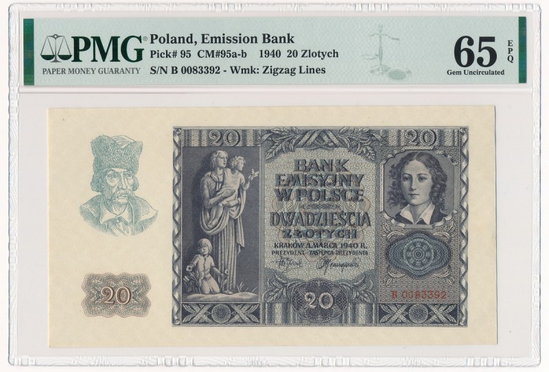 20 złotych 1940 - B - PMG 65 EPQ
Rzadsza seria.&nbsp;
Stan emisyjny.Reference:...