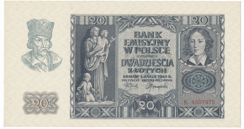 20 złotych 1940 - K - rzadsza seria
Rzadziej notowana seria.&nbsp;
Wyśmienita ...