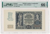 20 złotych 1940 - N. - London Counterfeit - PMG 66 EPQ
Banknot z oznaczeniem od PMG 'London Counterfeit'. Nieczęstym dla tego nominału.
Emisyjny sta...