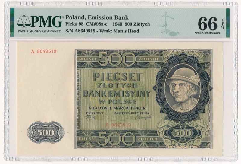 500 złotych 1940 - A - PMG 66 EPQ
Piękny, naturalny egzemplarz.&nbsp;
Druga na...