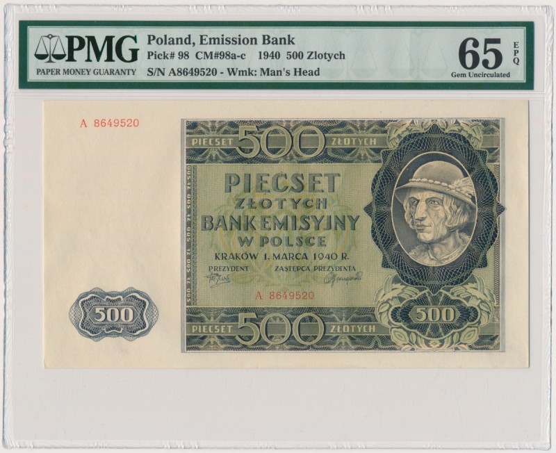 500 złotych 1940 - A - PMG 65 EPQ
Nieznacznie rzadsza seria A.&nbsp;
Zagniecen...