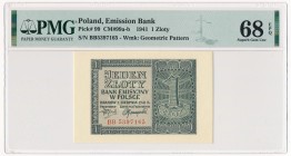 1 złoty 1941 - BB - PMG 68 EPQ
Wyśmienicie zachowane.&nbsp;
Niespotykana dla banknotów okupacyjnych ocena 68.

Reference: Miłczak 99b
Grade: PMG ...
